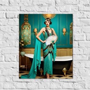 Art Deco Teal Bathroom Print Gatsby Girl Poster Retro Powder Room Wall Art 1920s Style Home Decor