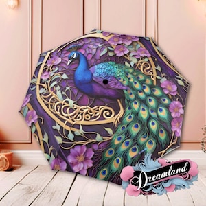 Boho Fashion Umbrella Peacock Design Dark Cottagecore Unique Large Canopy Purple Blue Parasol Semi-Automatic Folding Travel Umbrella