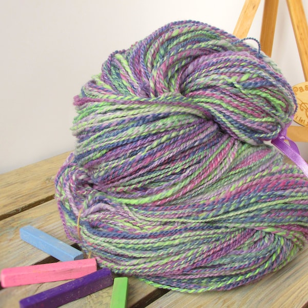 Handspun yarn in purple green for knitting crocheting weaving Large skein 311 yd of sport weight 2 ply wool and fibers yarn Hand dyed yarn