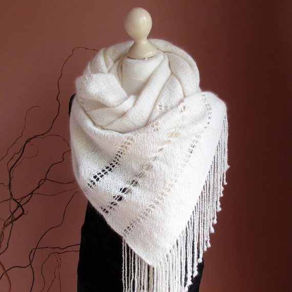 Handwoven Wrap Shawl Angora and Silk White Womens Large