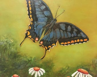 The Blue Butterfly  Mixed Media.Oil on canvas.3D Art.24x18.Original Art.Fine Art.Colorful Butterfly.