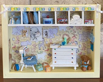 Baby Boy.Miniature Scene.Shadow Box.Unique 3D Art. Size 9x12” inch .Nursery Decor Gift Box.Dollhouse Miniature.Diorama