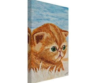 Green-Eyed Ginger Orange Cat Art – Fun Meme-Inspired Gouache Painting Canvas