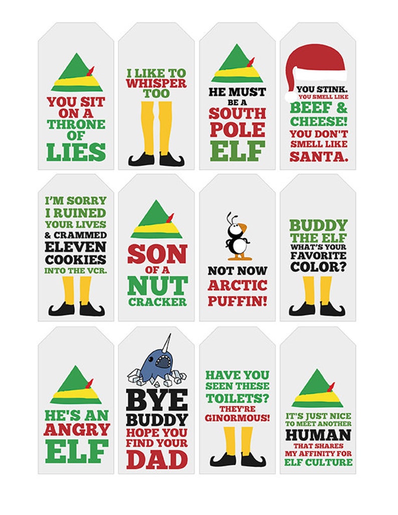 Funny Elf Quote Gift Tags Printable Typography image 1