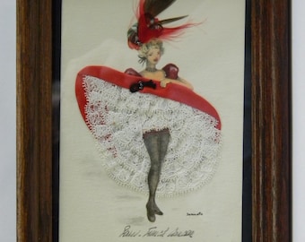 Original 1950s signed Janicotte French Can-Can Girl Mixed Media Framed Art