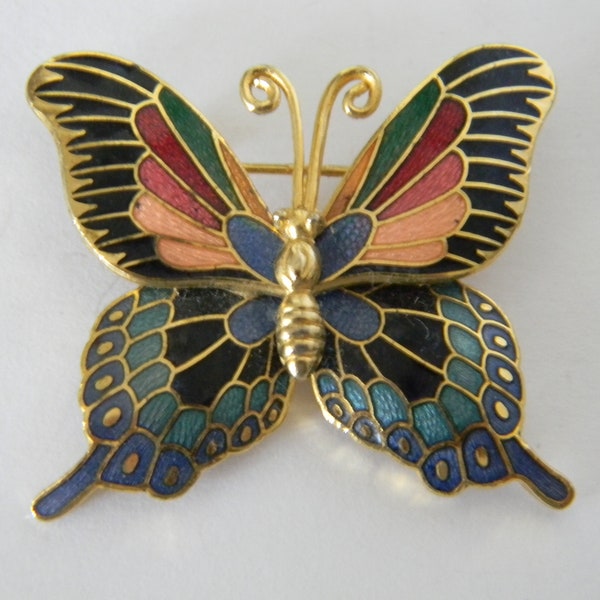 Vintage Brass & Multi-Colored Guilloche Cloisonne Enamel Butterfly Pin Brooch 1.5"