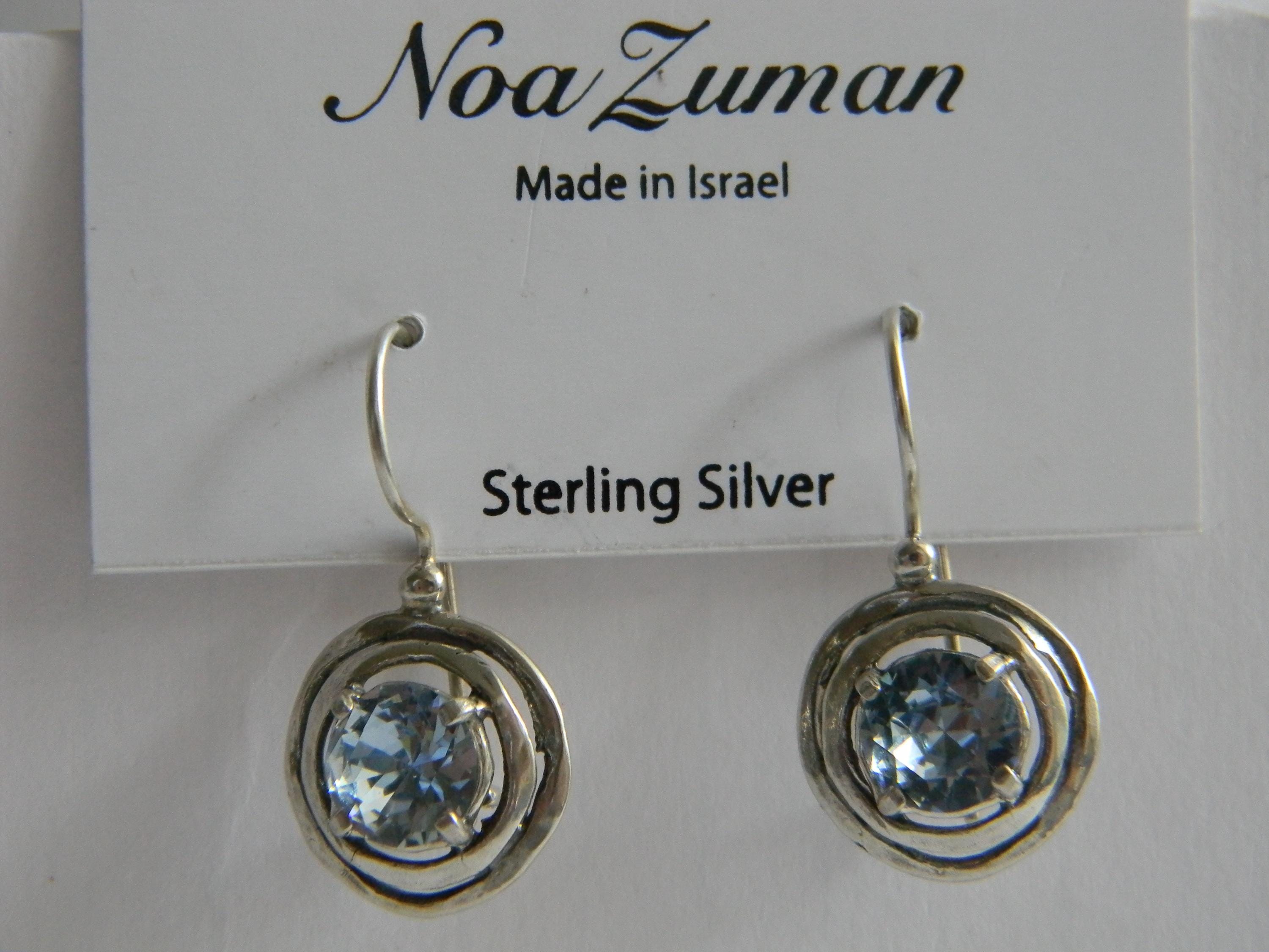 Noa Zuman Made in Israel Sterling Silver 925 Round Blue Cut Crystal Drop Dangle Hook Locking Back Earrings New