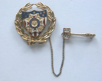 Vintage VFW Ladies Auxiliary 1/5-10k Gold Filled Enamel Pin with Seed Pearl Gavel