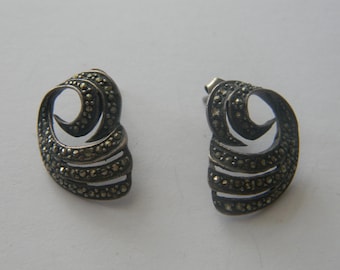 Boucles D'oreilles Art Déco Pendantes - Argent, Cristaux Et Hématites - Espagne XXe Siècle - Occasion