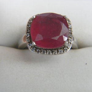 Ruby Solitaire Ring: Sterling Silver Halo, Asscher Cut, Size 8