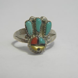 Sterlingzilveren ring Zuni Sun Face: turkoois, koraal, dweil-inlegwerk, maat 6