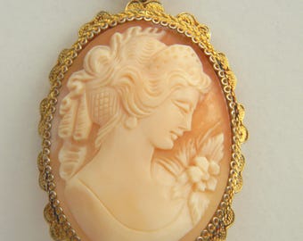Victorian Hand Carved Shell Cameo Pin/Pendant 800 Silver Filigree