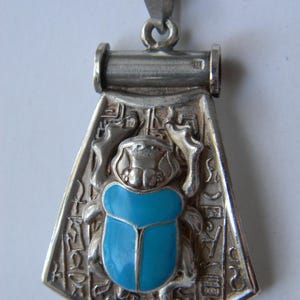 Rare Art Deco Egyptian Revival Engraved Hieroglyphics Scarab 925 Sterling Silver Turquoise Gemstone Large 2&quot;  Choker or Dangle Pendant
