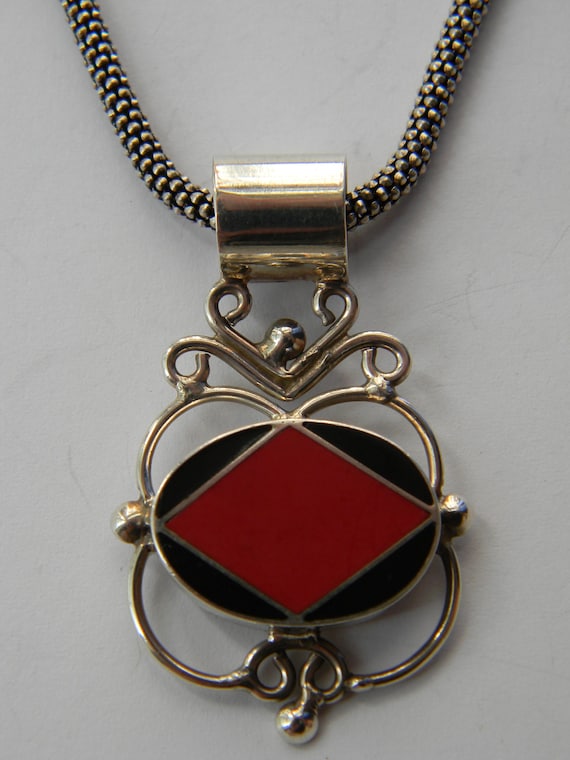 Vintage Talleres Lagunas Sterling Silver Onyx Jasper Pendant Necklace