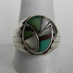 Zuni Vintage Handmade Channel Inlay, Turquoise, Jet, Coral, and Mother of Pearl Shell Sterling Silver Men’s Ring Size 11, Gift for Him