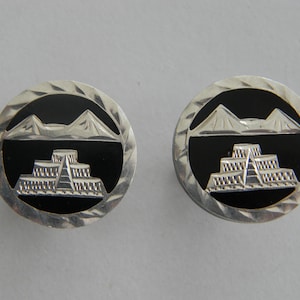 Boutons de manchette vintage aztèques en argent sterling : Onyx gravés à la main, Mexique