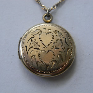 1920s, Art Nouveau 1/20 12K Gold on Sterling Engraved Double Heart Locket, Gold on Sterling Silver Locket, Gift for Mom, Photo Locket