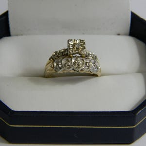 Vintage 1950s Women&#39;s 14kt White/Yellow Gold 0.5 ctw Diamond Wedding Engagement Bridal Two Ring Set Size 5.5