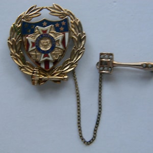 Vintage VFW Ladies Auxiliary 1/5-10k Gold Filled Enamel Pin with Seed Pearl Gavel