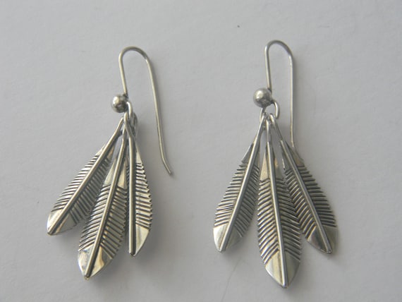 Sterling Silver Solid Weld 3 Feather Dangle Earri… - image 1