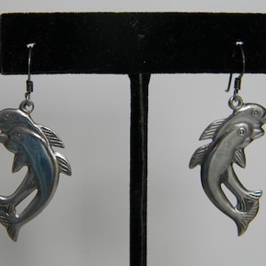 Vintage Jumping Dolphins Dangle Earrings 925 Sterling Silver with Hook Backs for Pierced Ears