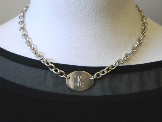 Sterling Silver Initial K Necklace, Oval Pendant,… - image 1