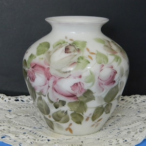 Charleton Hand-Painted Roses Milk Glass Vase: Victorian Floral Decor