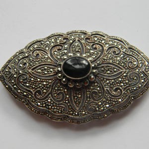 Estate 1930s Large Art Deco Oval Black Onyx and Marcasite Sterling Silver 925 Brooch 2.75 in. long, 25.9 Grams, Mother&#39;s Day Gift for Her