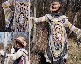 Custom Mandala Duster - Made to Order Crochet Coat - Hooded or Sleeveless Duster - Long, Short, Bell Sleeve Boho Cardigan - Custom Colors