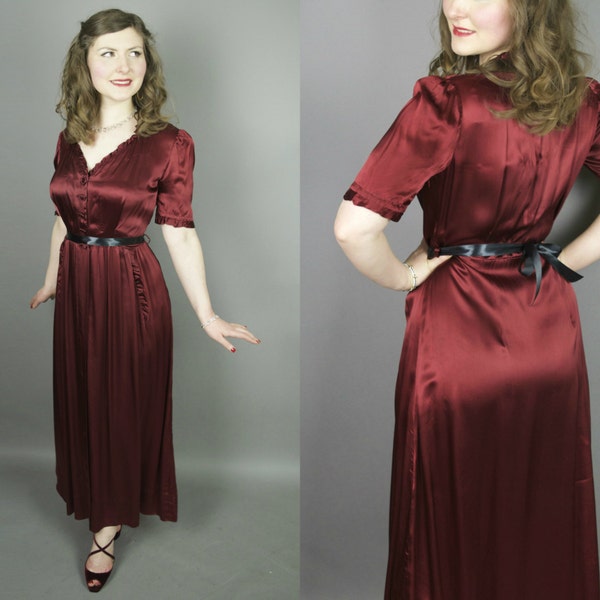 Merlot || Vintage 30's 40's Old Hollywood Burgundy Red Liquid Satin Hostess Evening Gown with Buttons Ruffles and Long Skirt || Medium M
