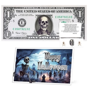 Het officiële skelet Halloween-dollarbiljet. Echt 1,0 USD. Betaalbaar en besteedbaar. Elk wetsvoorstel wordt geleverd met een Halloween Ghost-kaart.
