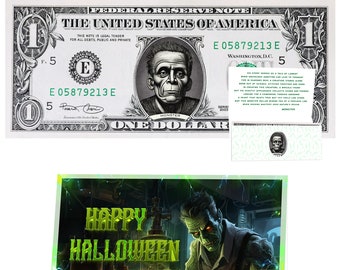 The Official Monster Halloween Dollar Bill. Real 1.0 USD. Bankable & Spendable. Each Bill Comes with a Halloween Ghost Card.