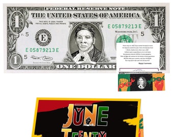 Juneteenth-Grußkartengeschenk und offizieller Dollar. Echt 1,0 USD. Jeder Geldschein wird mit einem Juneteenth-Währungshalter und einem Gedicht geliefert.