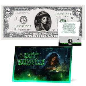 Der offizielle Hexen-Halloween-Dollar-Schein. Echt 2,0 USD. Bankable & Spendable. Jeder Geldschein kommt mit einer Halloween Hexenkarte.