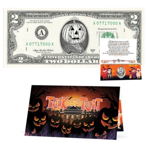 Der offizielle Kürbis-Halloween-Geldschein. Echte 2,0 USD. Bankable & Spendable. Jeder Geldschein kommt mit einer Halloween Karte.