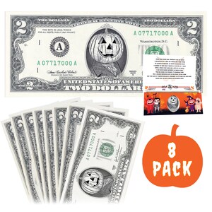 Der offizielle Jack-O'-Lantern-Halloween-Dollar-Schein. Echte 2,0 USD. Bankfähig und ausgabefähig. 8er-Pack. Jeder Rechnung liegt eine Halloween-Karte bei.