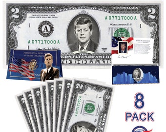 John F Kennedy Official 2.0 Dollar Bill 8-Pack w/ Presidential Currency Card. Presidential Futures Collection - REAL USD!
