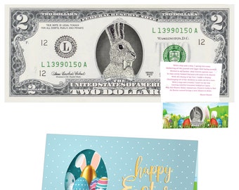The Official Easter Bunny Dollar Bill. Real 2.0 USD. Each Bill Comes with an Easter Card and Currency Holder. Easter Basket Stuffer/Filler