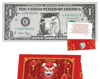 Official Chinese New Year Lucky Dollar: Real 1.0 USD with Removable Seal. Year of the Ox 2021 Lucky Red Packet and Envelope