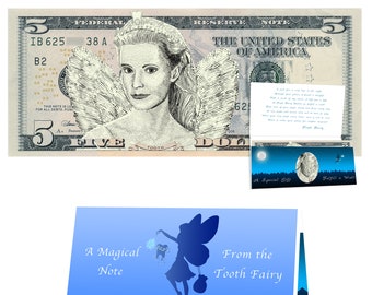 Regalo del Hada de los Dientes: Billete de 5 dólares estadounidenses auténtico, coloreado, con carta del Hada de los Dientes y retrato realista de recuerdo.
