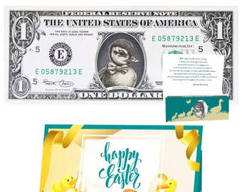 The Official Easter Spring Duckling Dollar Bill 2. Real 1.0 USD. Comes with an Easter Card and Currency Holder. Easter Basket Stuffer/Filler