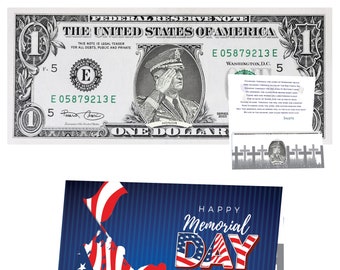 Memorial Day Dollar Bill Real 1.0 USD Official Currency Card - Honor the Troops. Comes with Memorial Day Card, Currency Holder and Poem