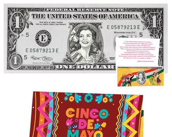 Cinco De Mayo Dollar Bill. Genuine 1.0 USD! Comes with Cinco de Mayo Greeting Card and Short History of Cinco De Mayo