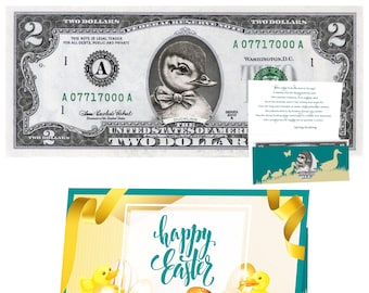 The Official Easter Spring Duckling Dollar Bill V2. Real 2.0 USD. Comes with Easter Card and Currency Holder. Easter Basket Stuffer/Filler