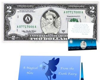 Regalo del Hada de los Dientes: Billete de 2 dólares de edición de coleccionista a color realista con carta del Hada de los Dientes, billete de curso legal estadounidense auténtico, regalo para quienes han perdido un diente.