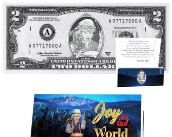 Drummer Boy Dollar Bill. Two Dollar Edition. Perfect Stocking Stuffer Complete Gift Christmas Gift Package with Holiday Greeting Card Gift