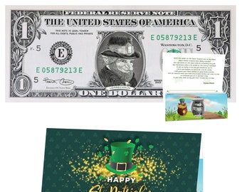 St Patrick&#39;s Day Dollar Bill. Genuine 1.0 USD! Comes with a Lucky St. Patrick&#39;s Day Card and Note from the Leprechaun. Lucky Charm