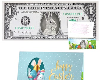 The Official Easter Bunny Dollar Bill. Real 1.0 USD. Each Bill Comes with an Easter Card and Currency Holder. Easter Basket Stuffer/Filler