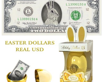 The Official Easter Bunny Dollar Bill with Golden Egg and Gift Box . Real 2.0 USD. Bankable & Spendable. Easter Basket Stuffer/Filler.