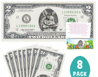 The Official Easter Bunny Dollar Bill 8-Pack. Real 2.0 USD Dollars. Each Bill Comes with an Easter Card. Easter Basket Stuffer/Filler